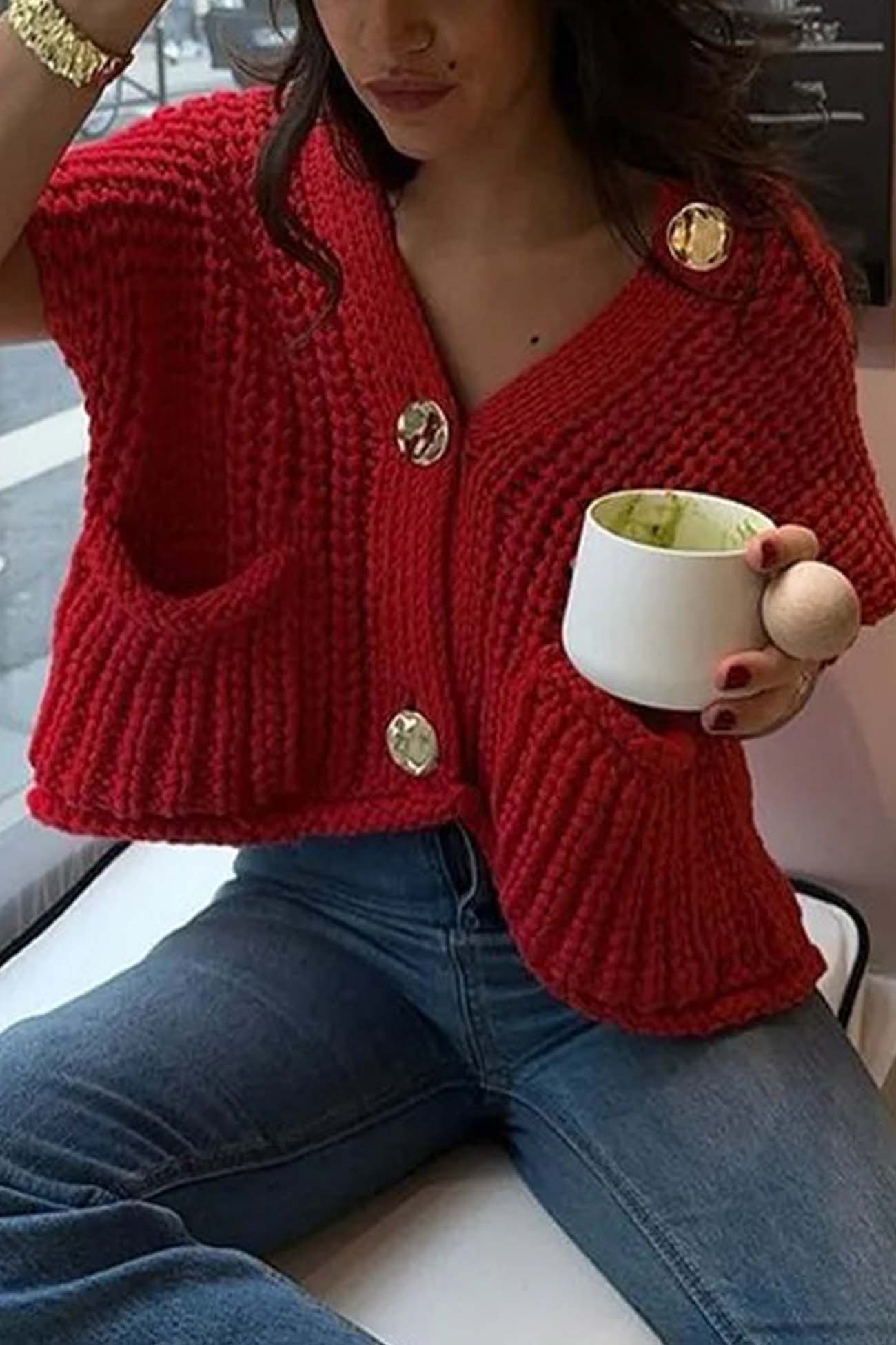 Arolora button-front-sleeveless-pocket-knit-cardigan
