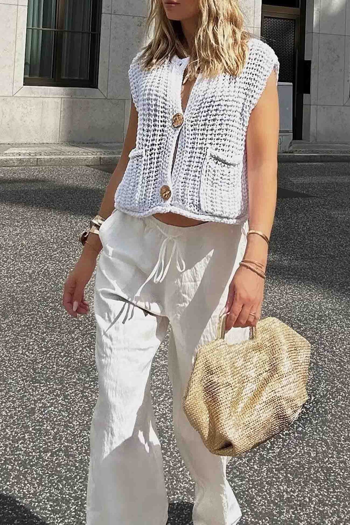 Arolora button-front-sleeveless-pocket-knit-cardigan