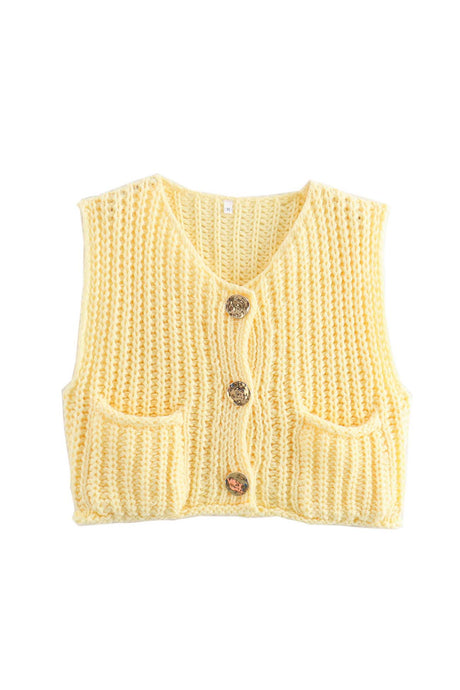 Arolora button-front-sleeveless-pocket-knit-cardigan