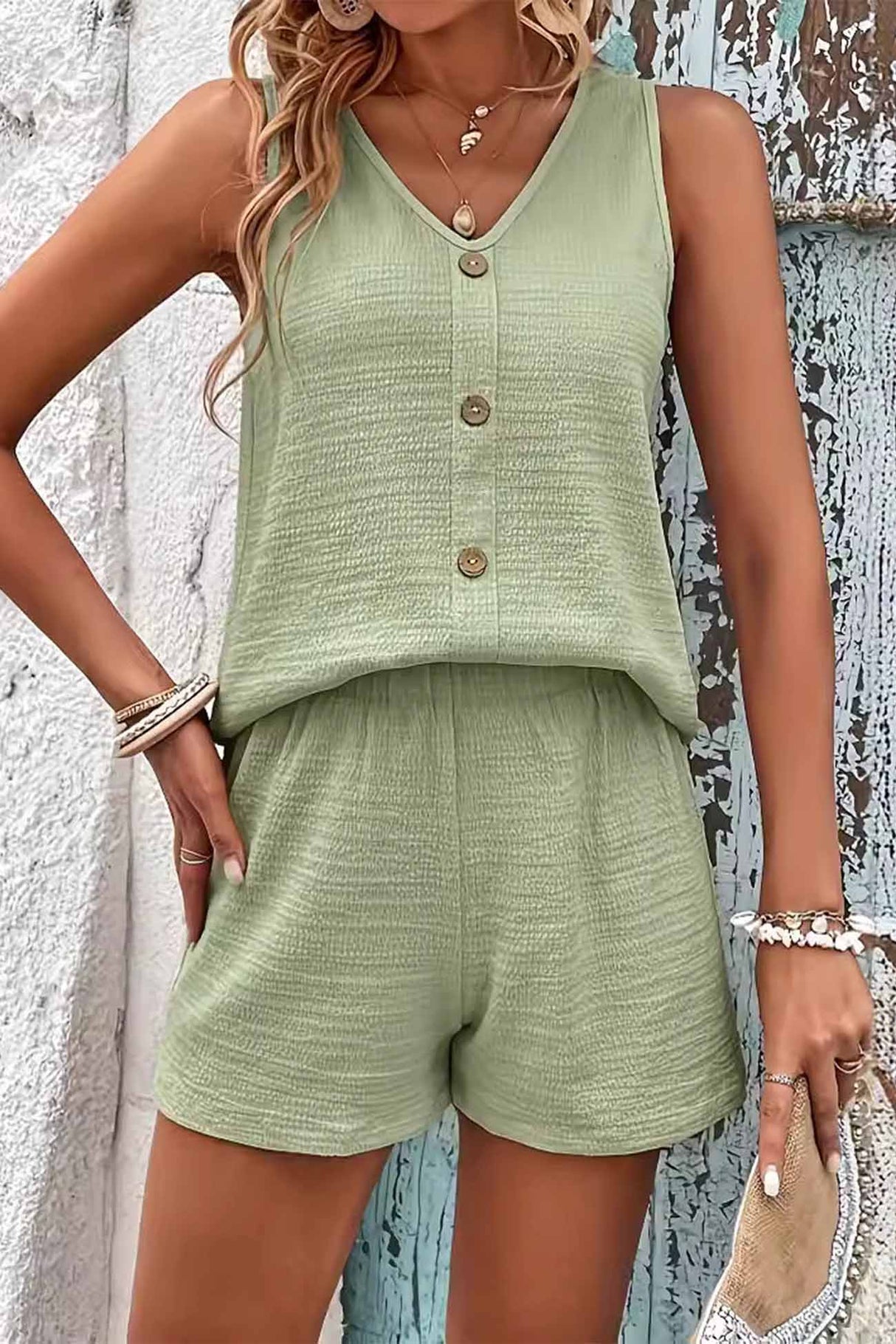 Button Decor Tank Top Shorts Set