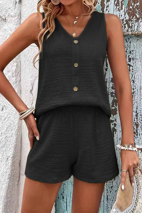 Button Decor Tank Top Shorts Set