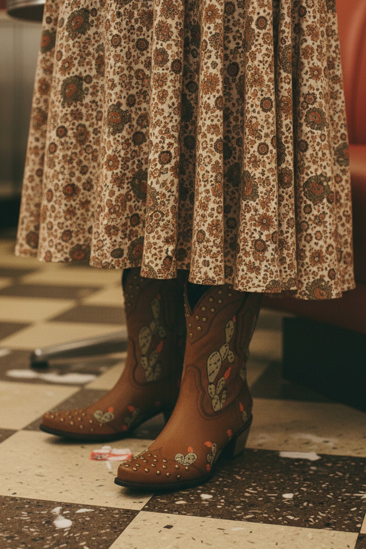 Cactus Embroidery Studded Mid-Calf Boots