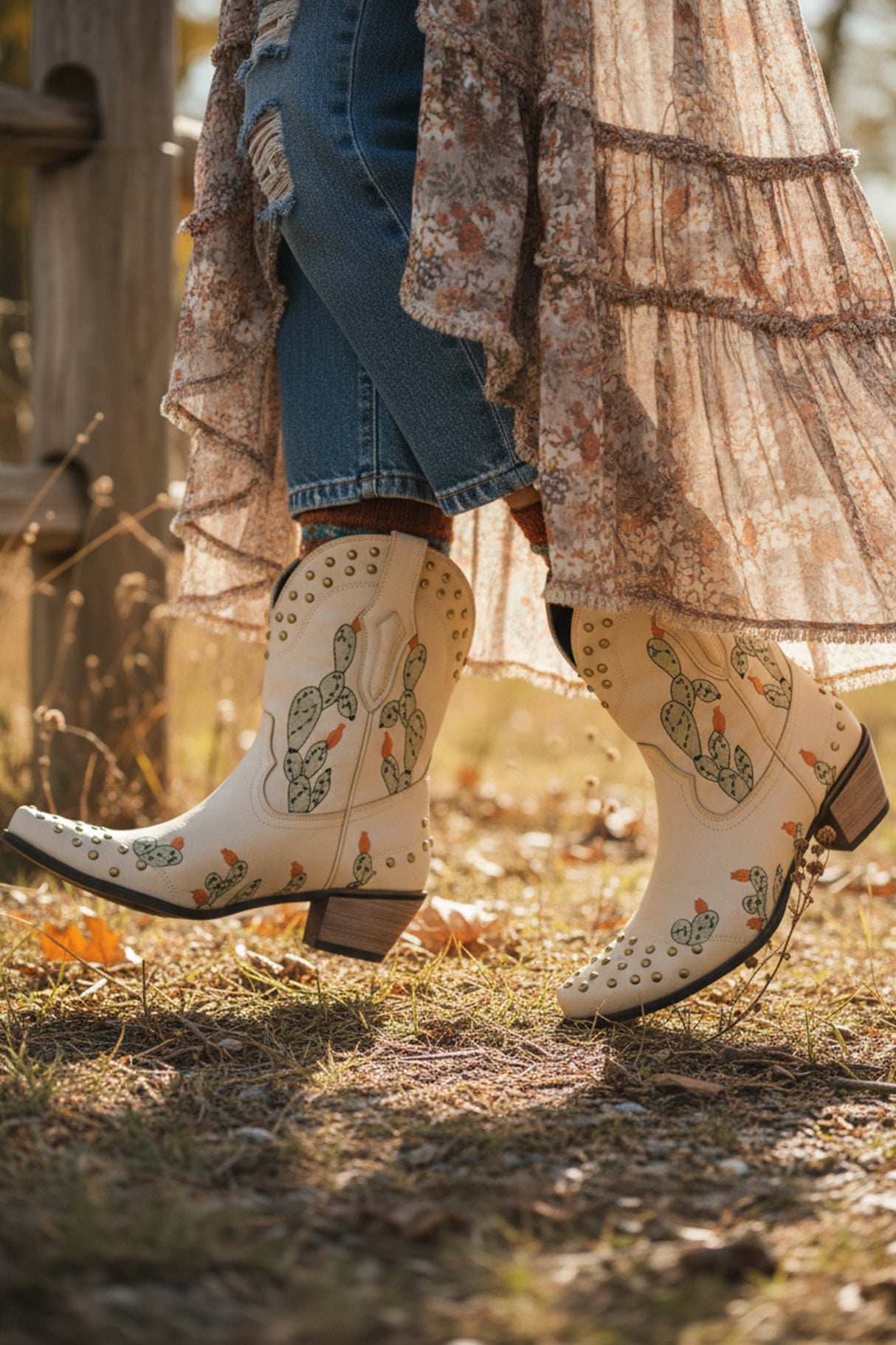 Cactus Embroidery Studded Mid-Calf Boots