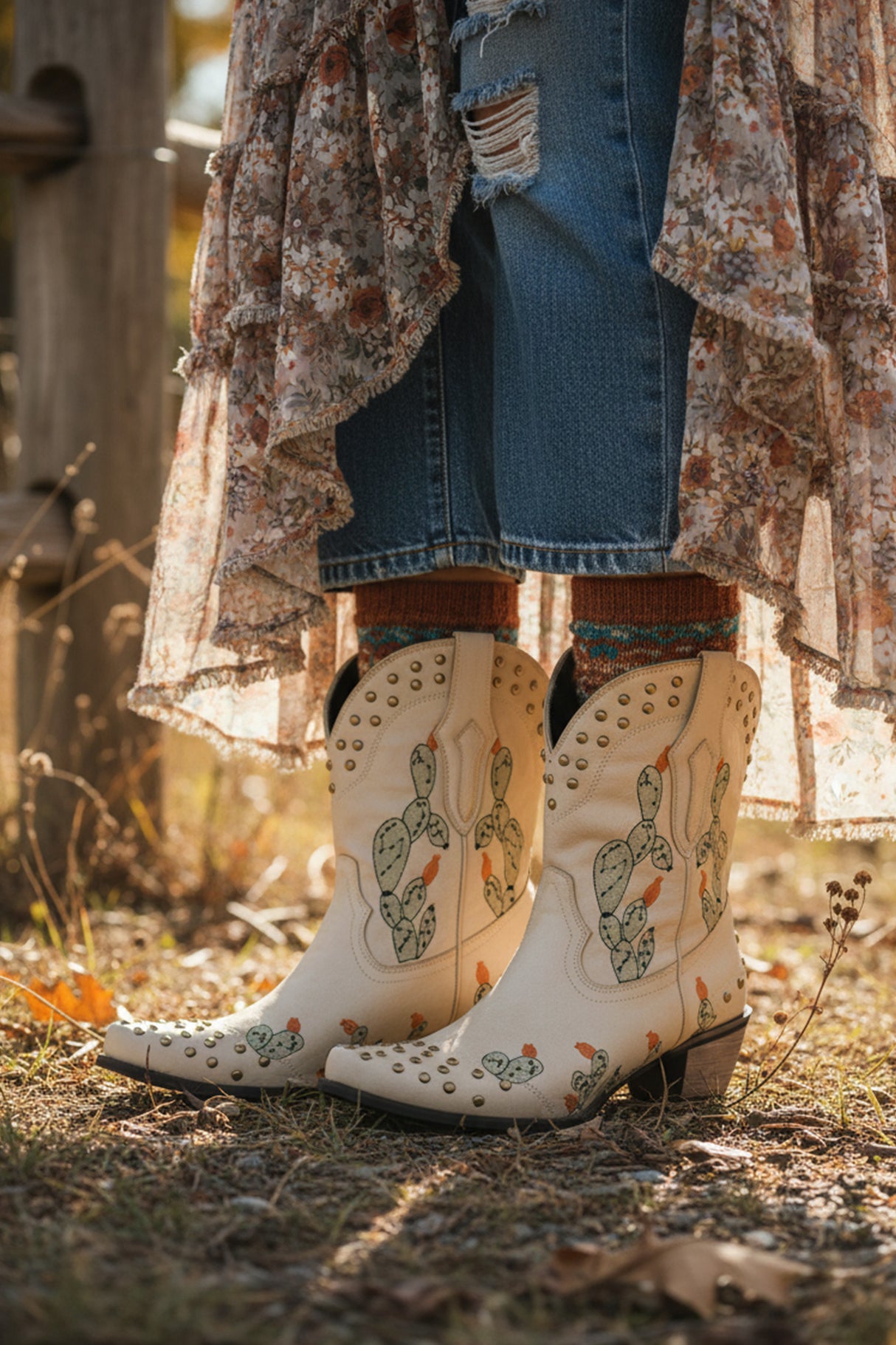 Cactus Embroidery Studded Mid-Calf Boots