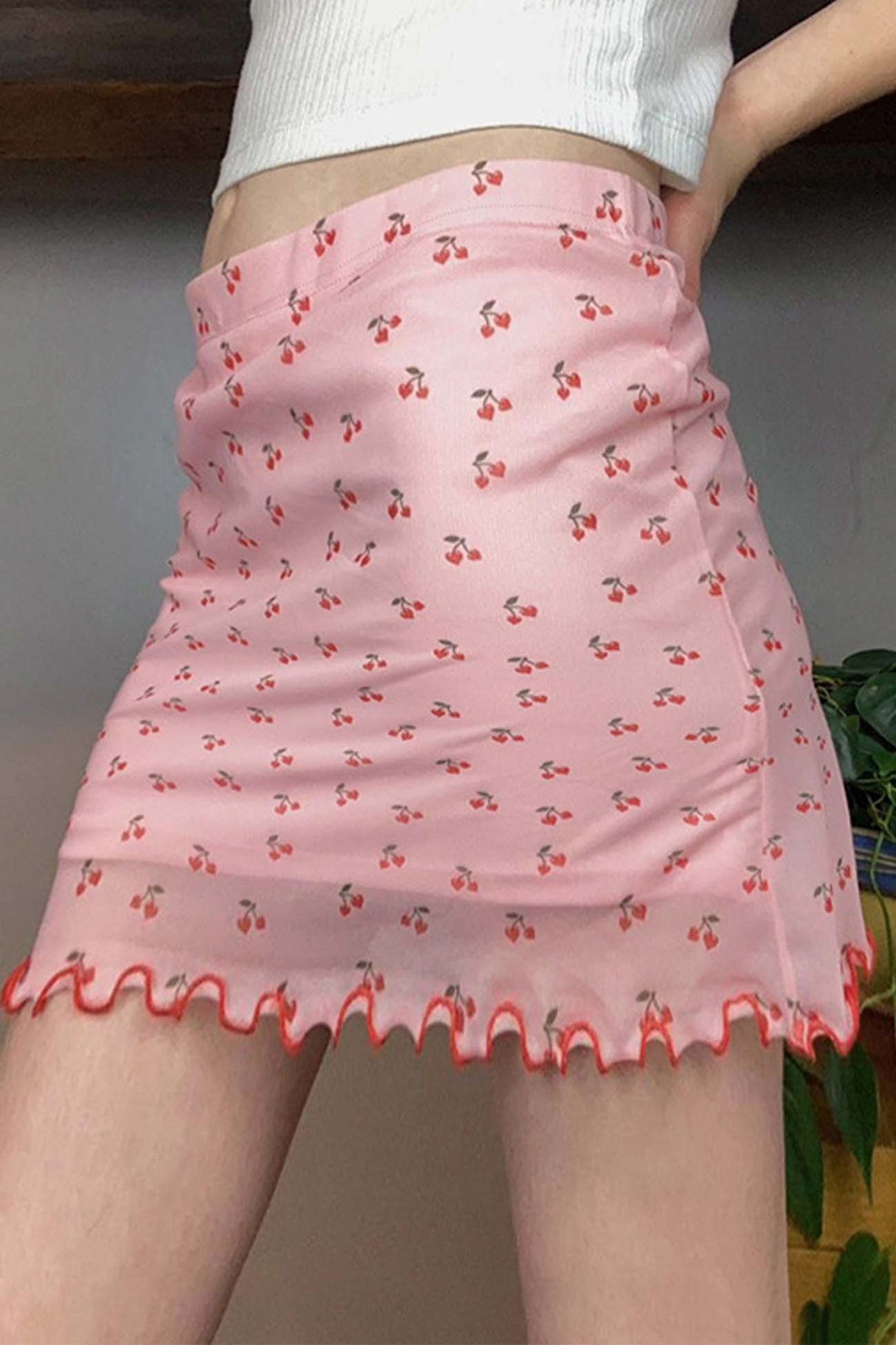 Arolora cherry-printed-mesh-mini-skirt