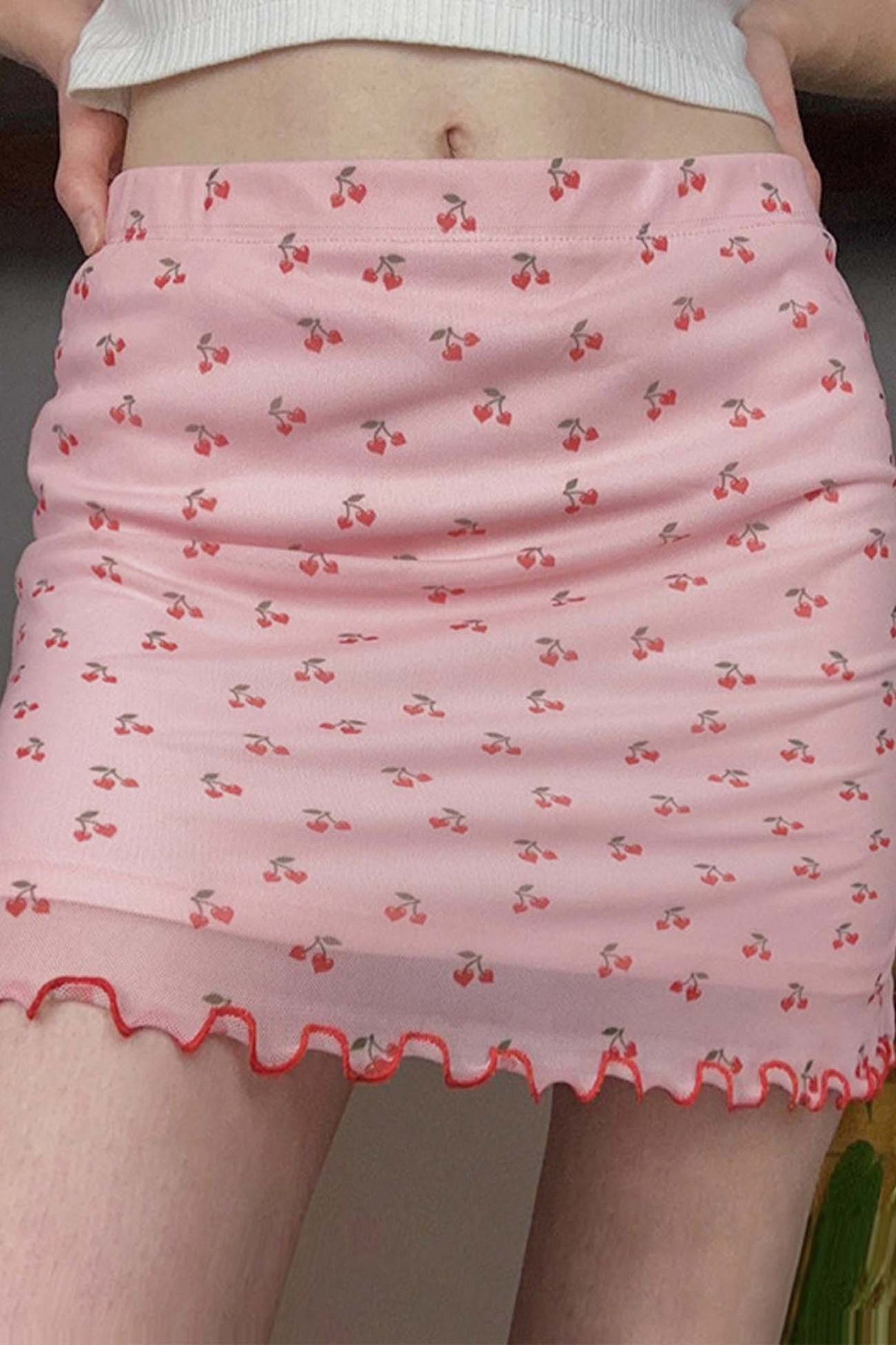 Arolora cherry-printed-mesh-mini-skirt