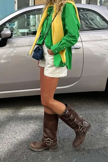 Arolora Chunky Heel Buckle Moto Boots