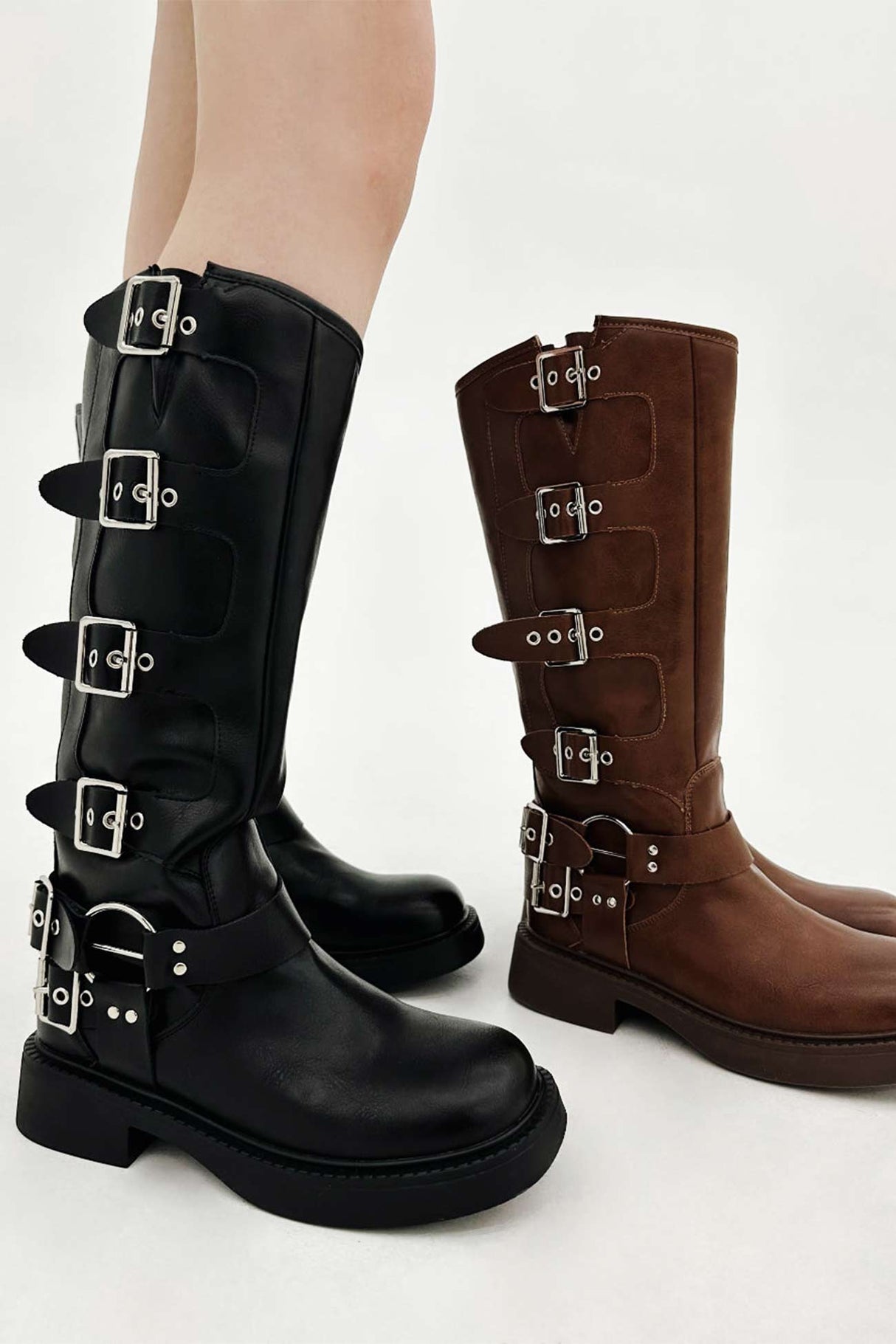 Arolora Chunky Heel Buckle Moto Boots