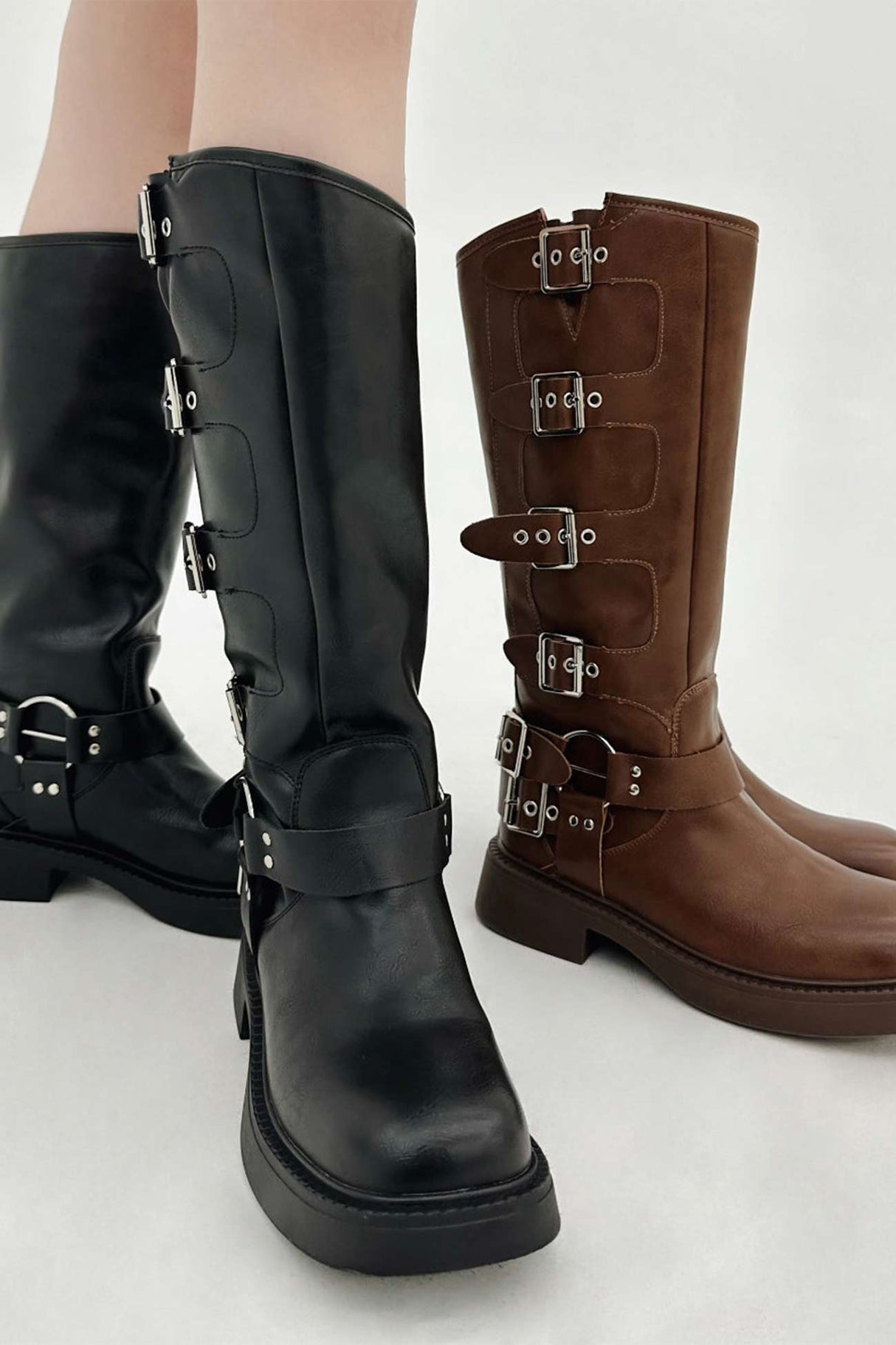 Arolora Chunky Heel Buckle Moto Boots