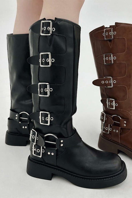 Arolora Chunky Heel Buckle Moto Boots