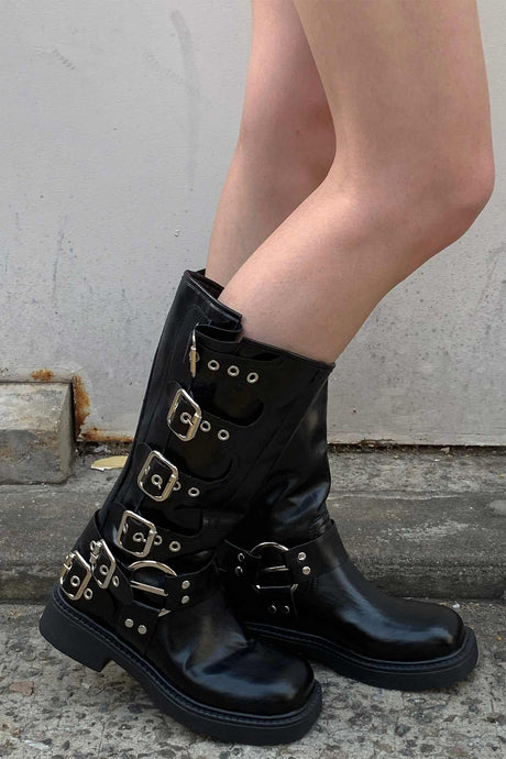 Arolora Chunky Heel Buckle Moto Boots
