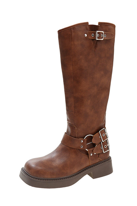 Arolora Chunky Heel Buckle Moto Boots