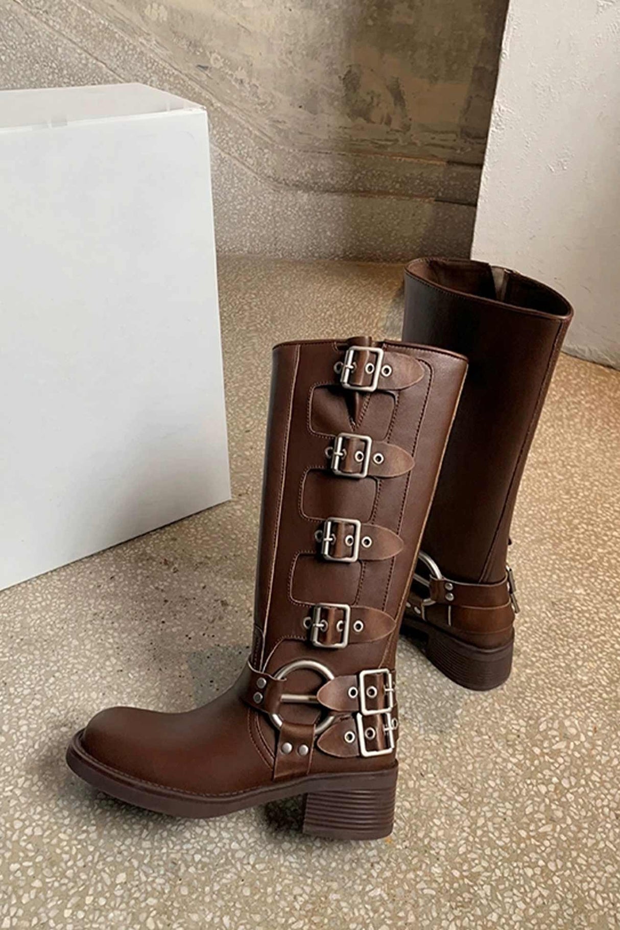 Arolora Chunky Heel Buckle Moto Boots