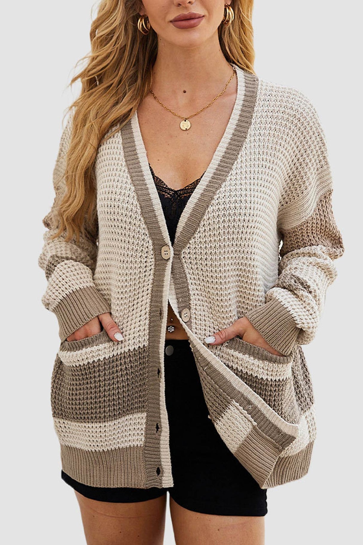 Color Splicing Button-down Cardigan