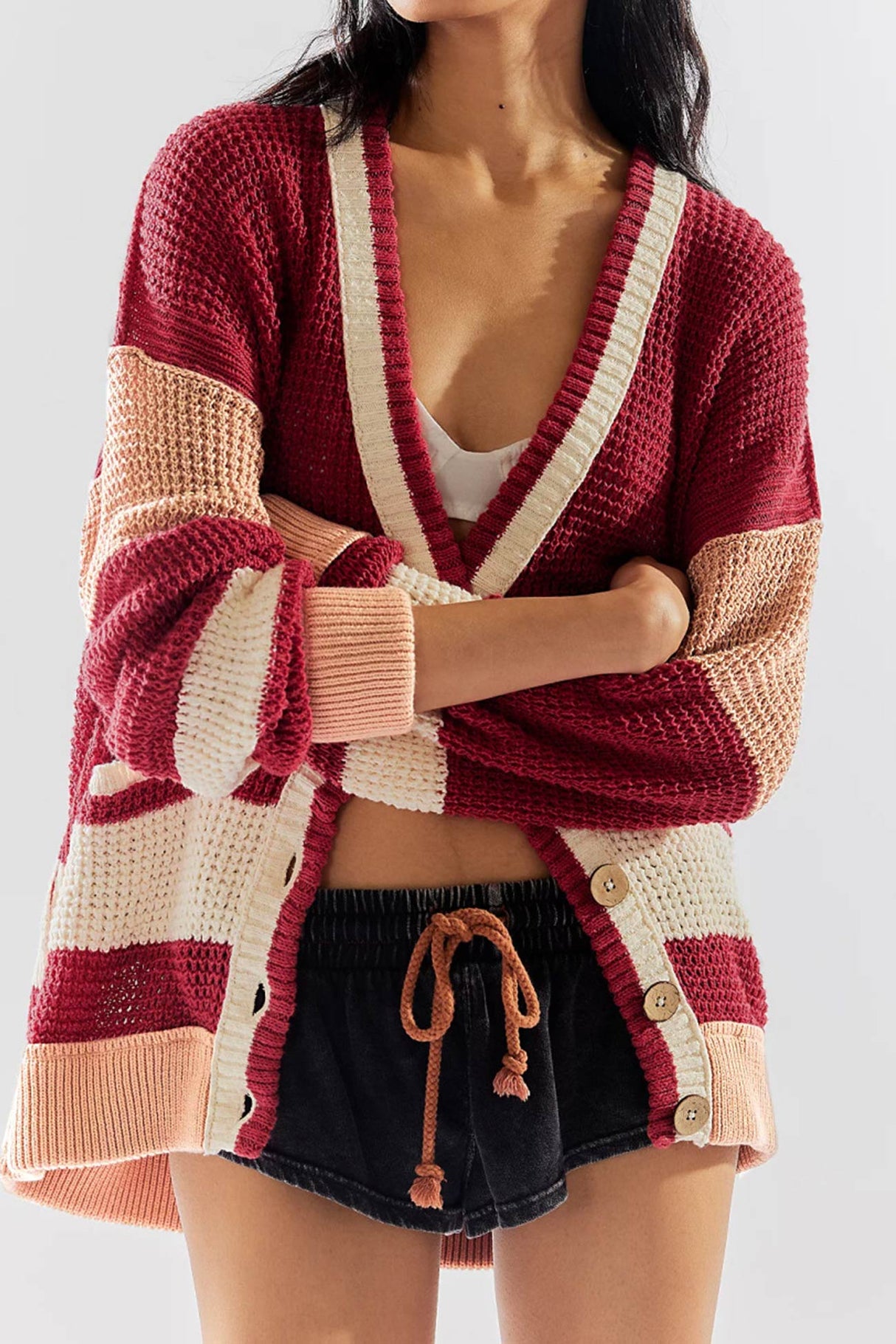 Color Splicing Button-down Cardigan