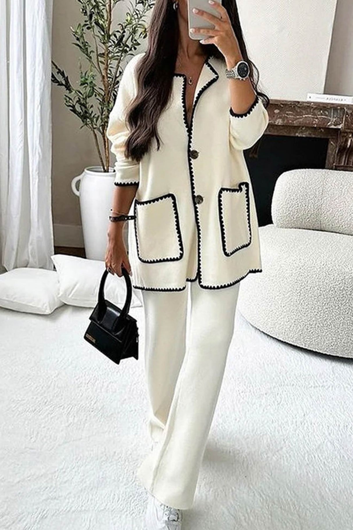 Contrast Large Pocket Cardigan Long Pants Suits