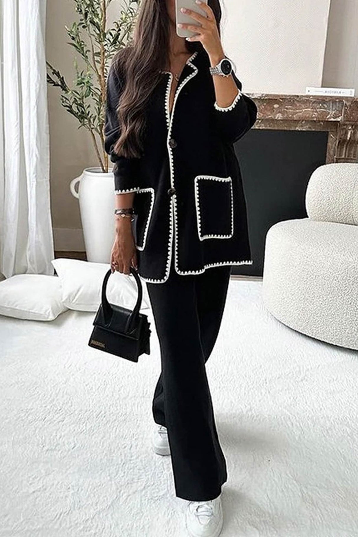 Contrast Large Pocket Cardigan Long Pants Suits