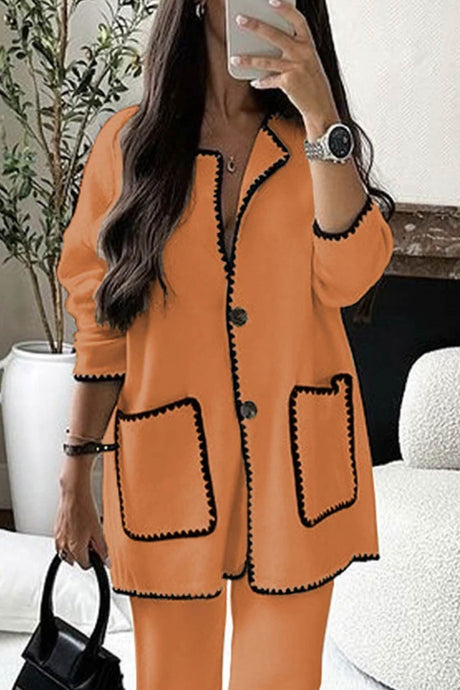 Contrast Large Pocket Cardigan Long Pants Suits