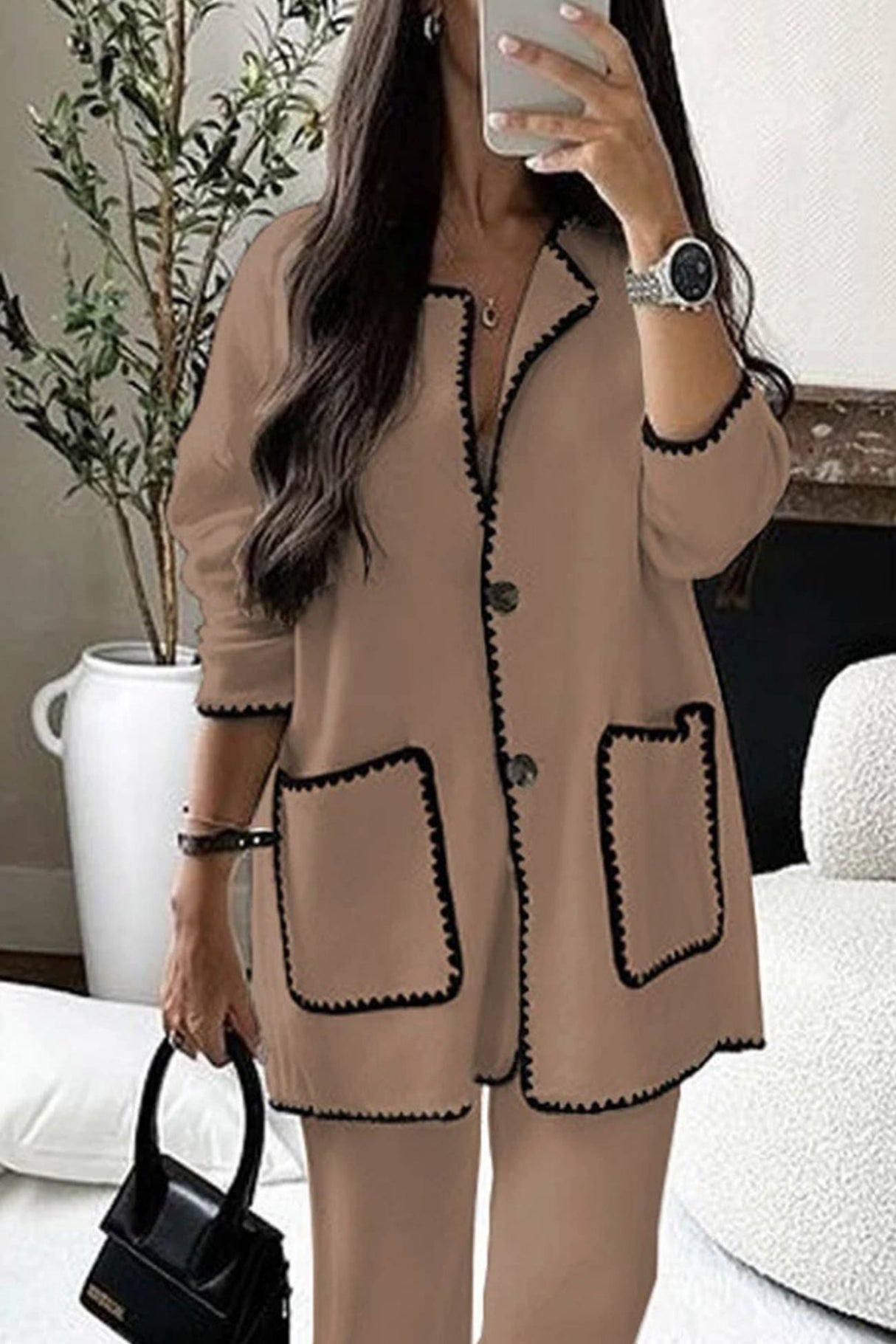 Contrast Large Pocket Cardigan Long Pants Suits