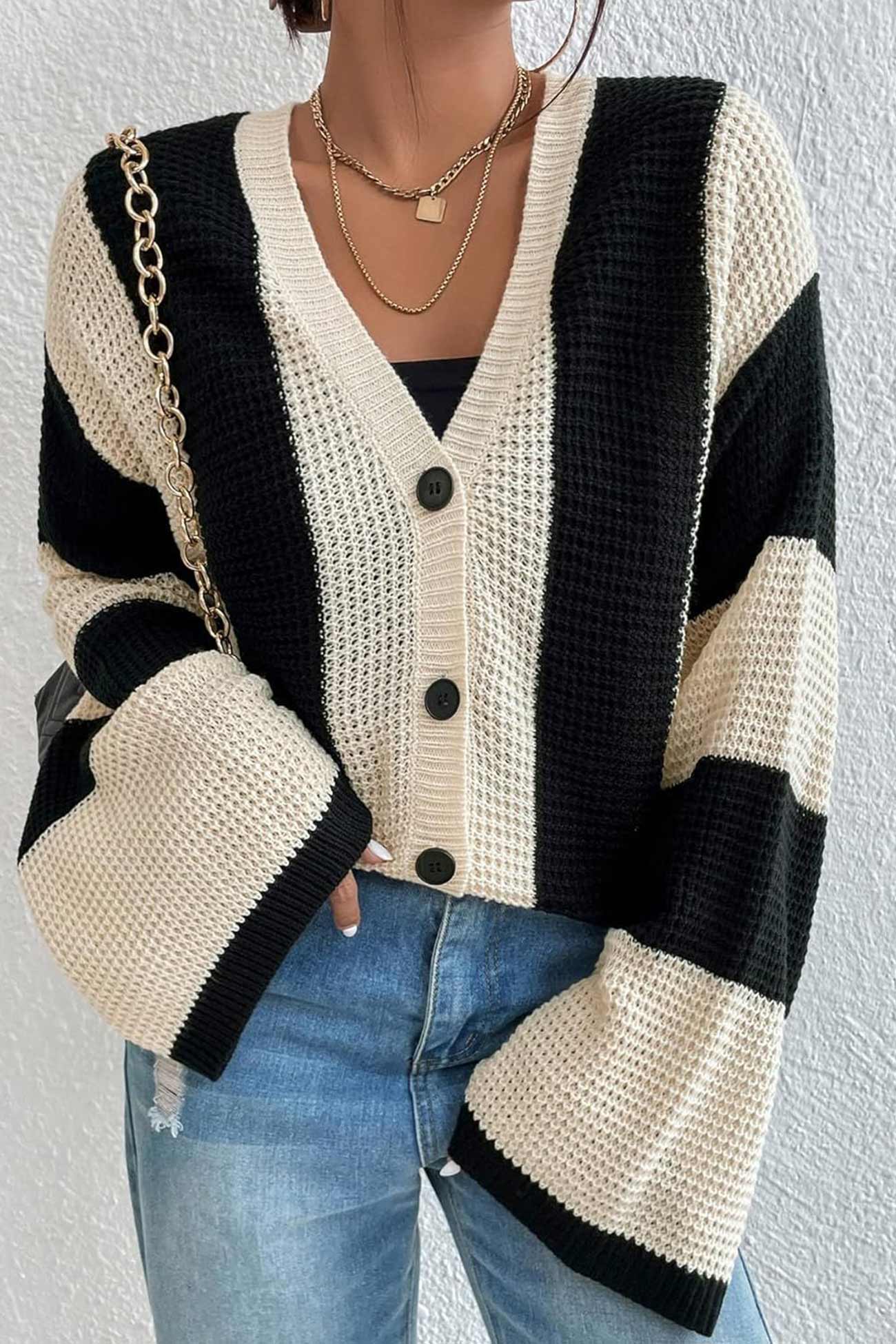 Contrast Striped Flare Sleeve Cardigan