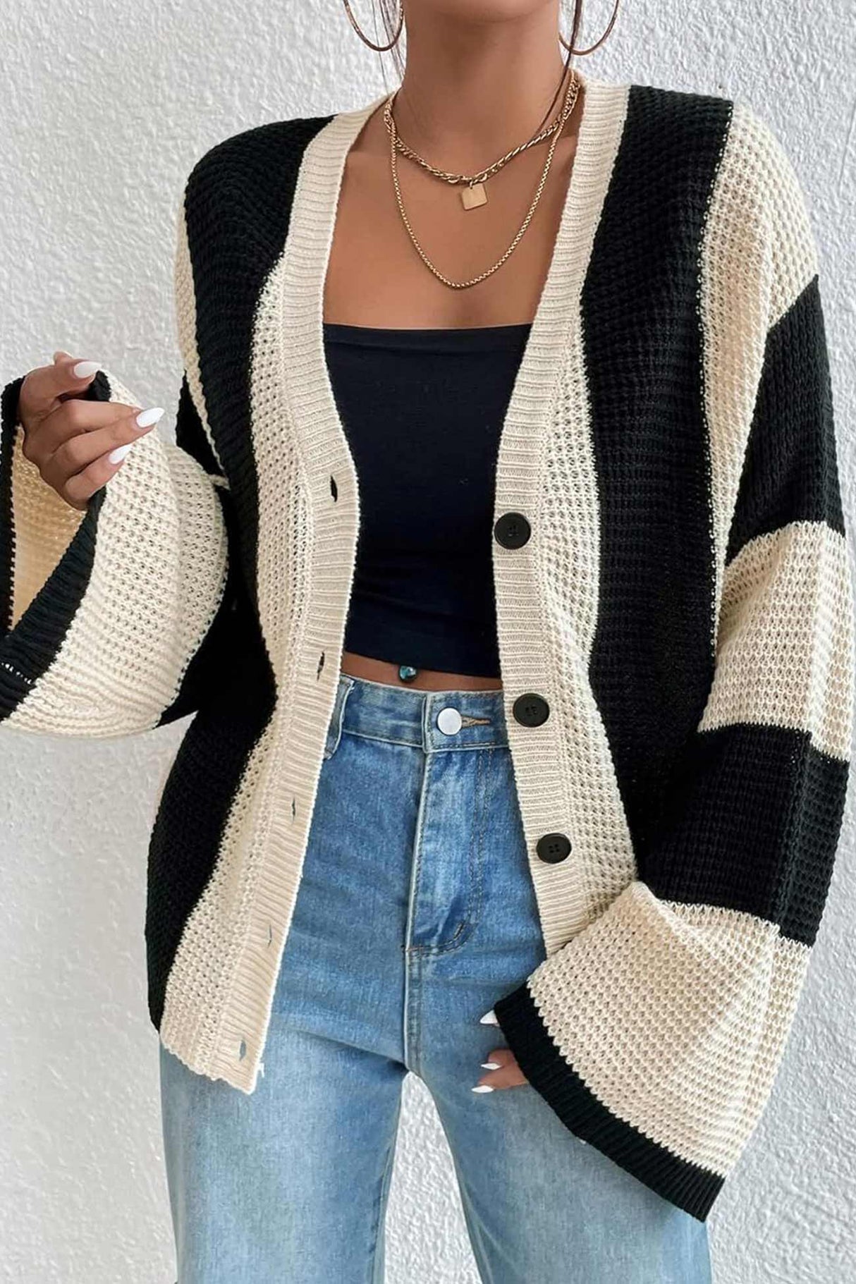 Contrast Striped Flare Sleeve Cardigan