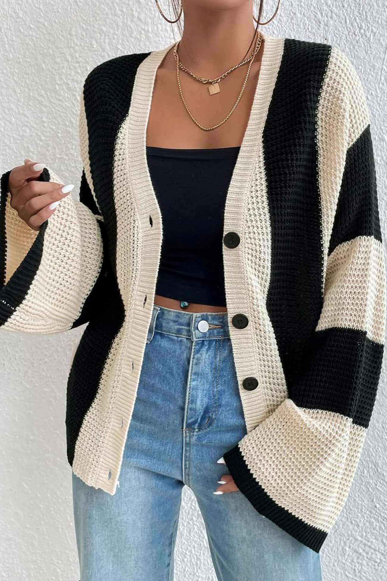 Contrast Striped Flare Sleeve Cardigan