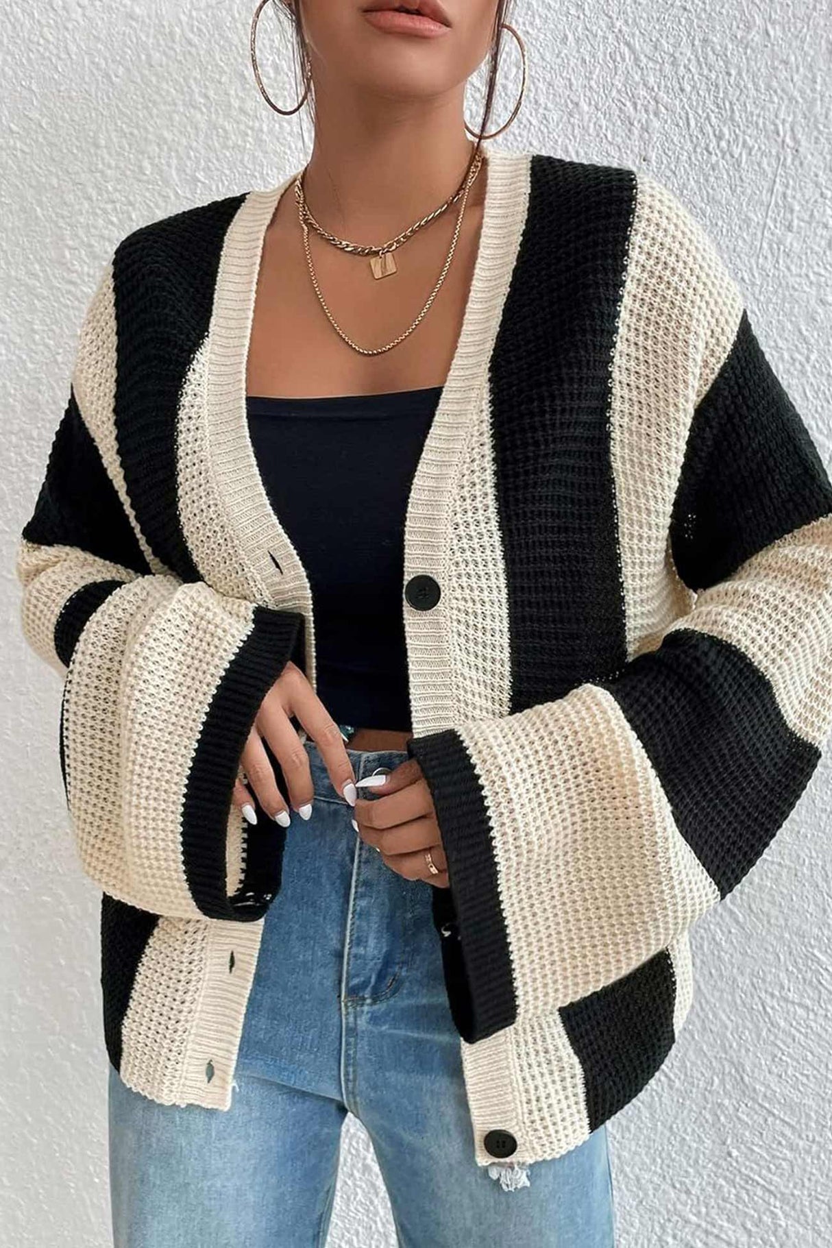 Contrast Striped Flare Sleeve Cardigan