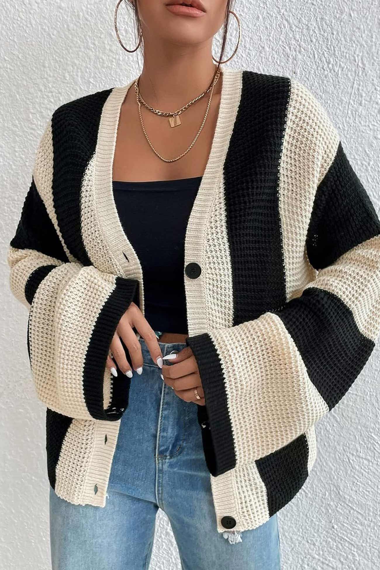 Contrast Striped Flare Sleeve Cardigan