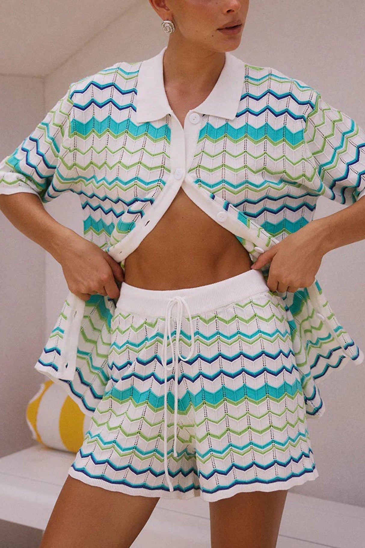 Contrast Striped Knit Cardigan Shorts Set