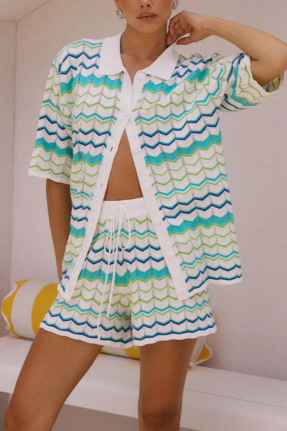 Contrast Striped Knit Cardigan Shorts Set
