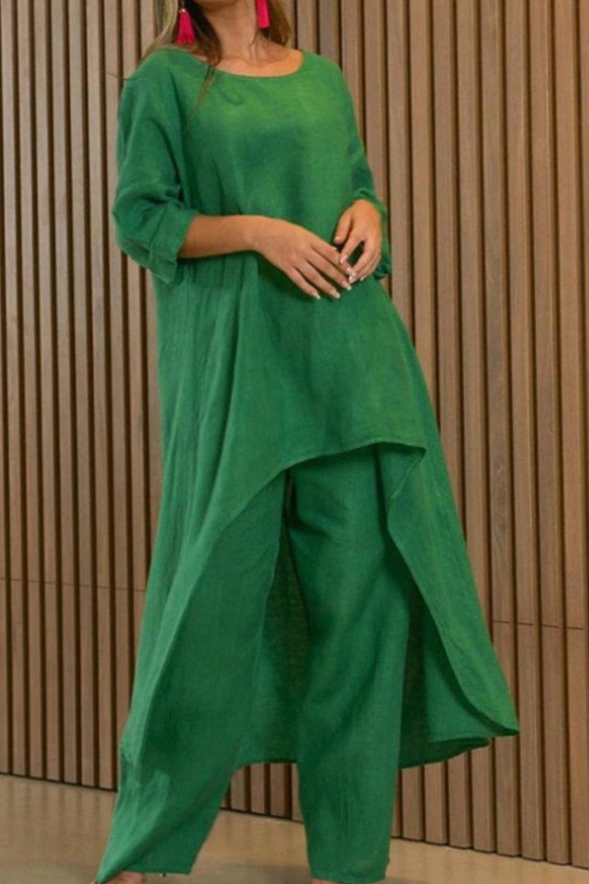 Arolora cotton-drop-shoulder-irregular-tops-pants-set