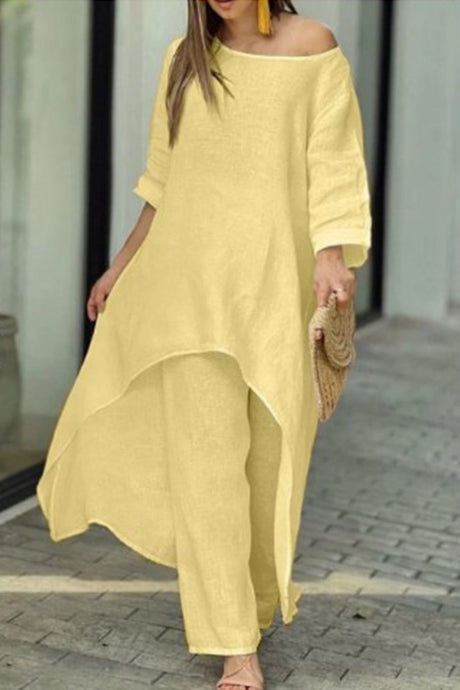 Arolora cotton-drop-shoulder-irregular-tops-pants-set