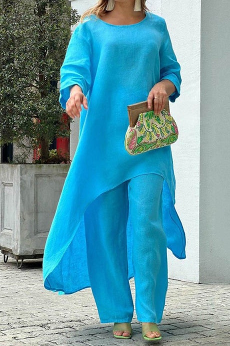 Arolora cotton-drop-shoulder-irregular-tops-pants-set