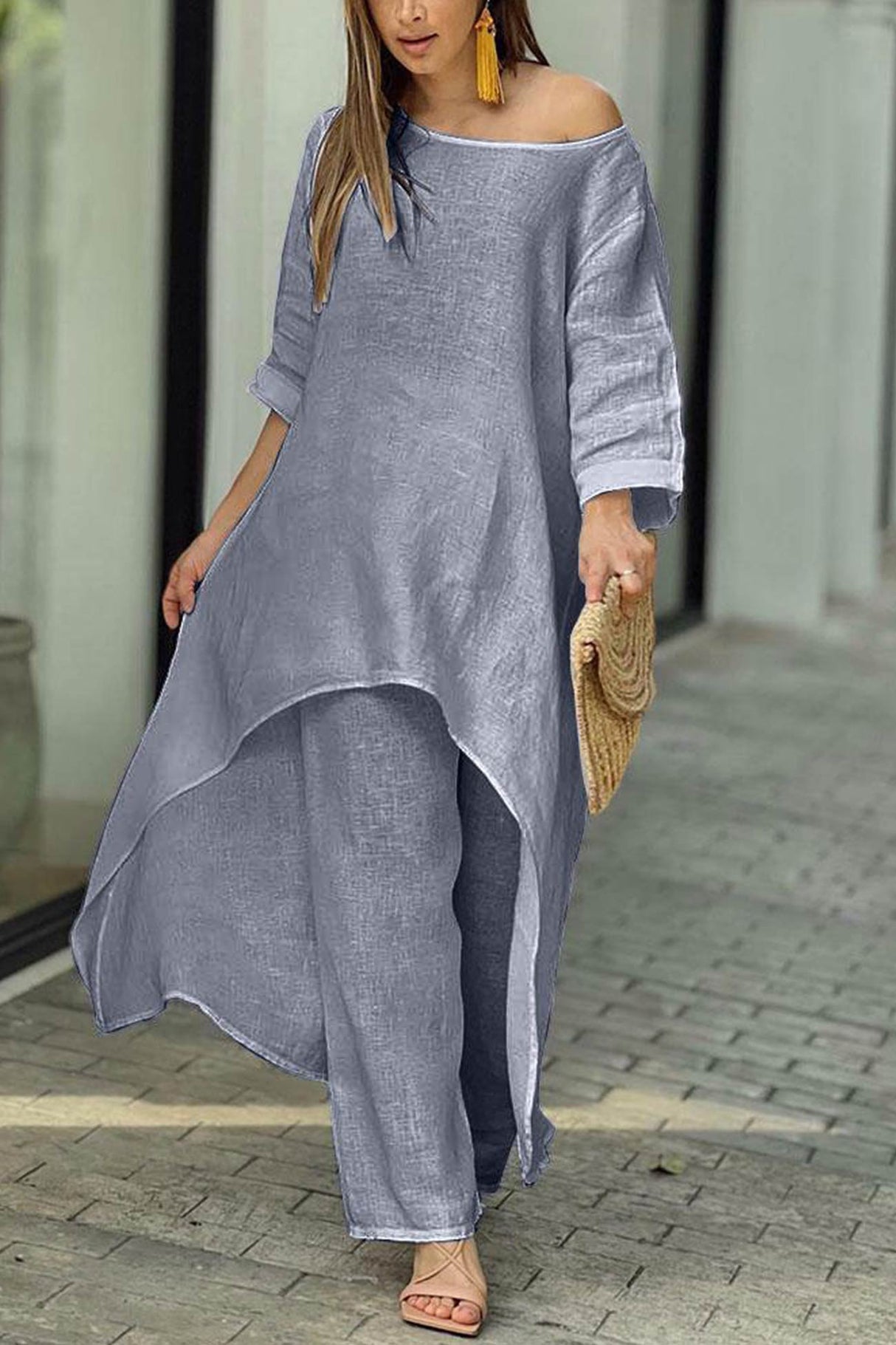 Arolora cotton-drop-shoulder-irregular-tops-pants-set