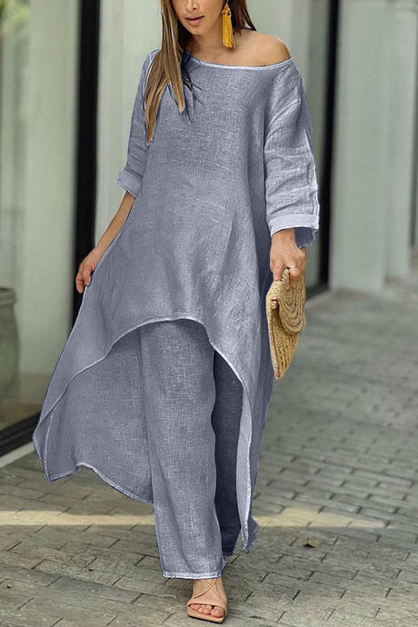 Arolora cotton-drop-shoulder-irregular-tops-pants-set