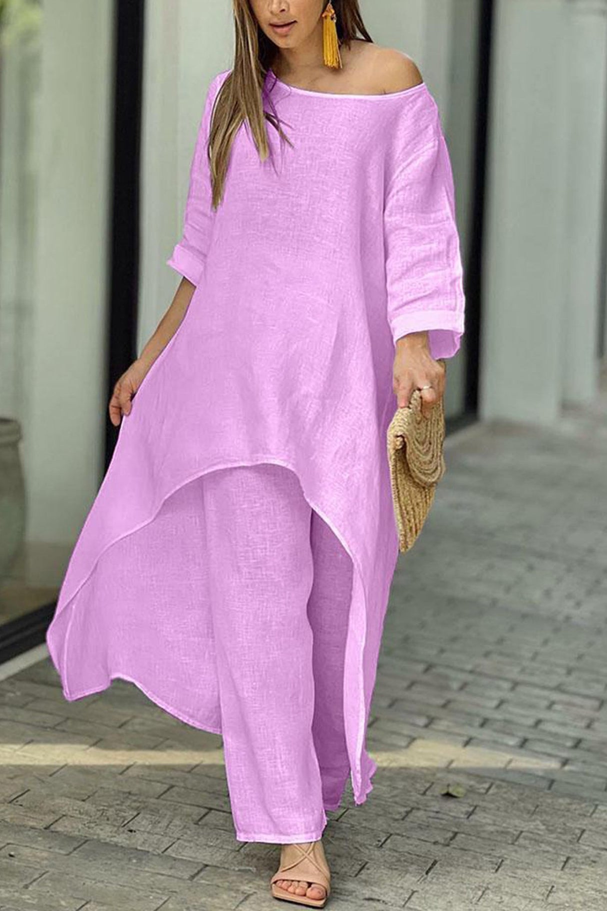 Arolora cotton-drop-shoulder-irregular-tops-pants-set