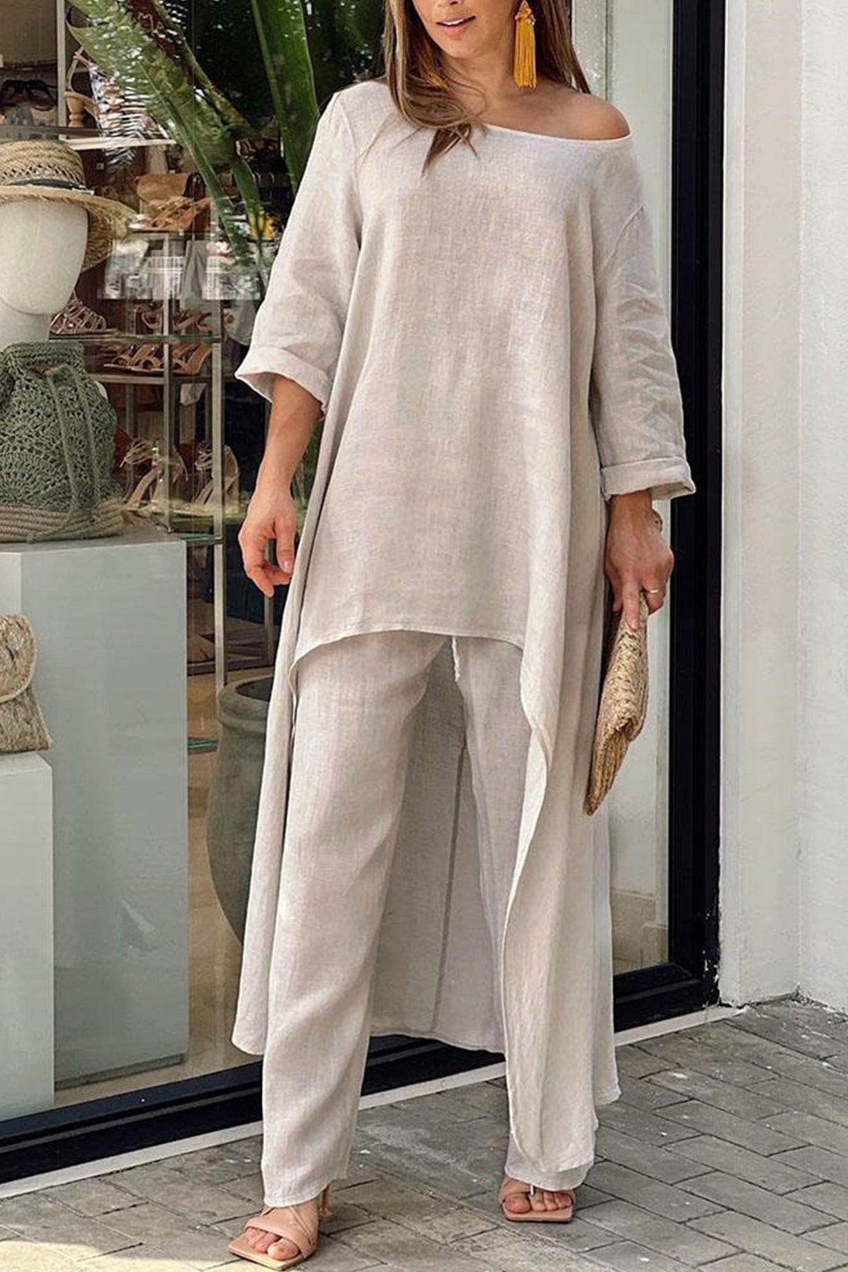 Arolora cotton-drop-shoulder-irregular-tops-pants-set