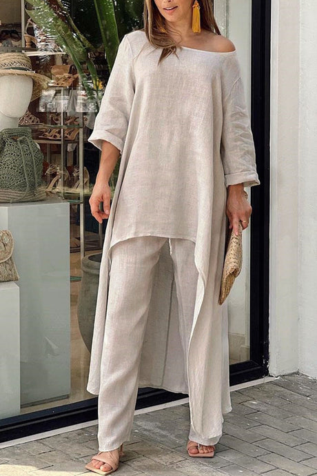 Arolora cotton-drop-shoulder-irregular-tops-pants-set