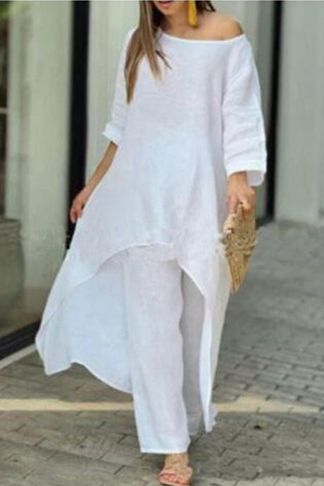 Arolora cotton-drop-shoulder-irregular-tops-pants-set