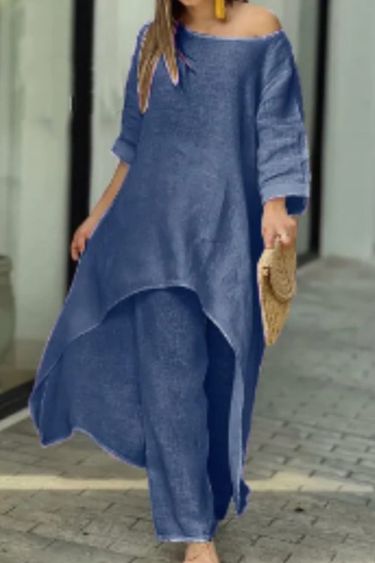 Arolora cotton-drop-shoulder-irregular-tops-pants-set