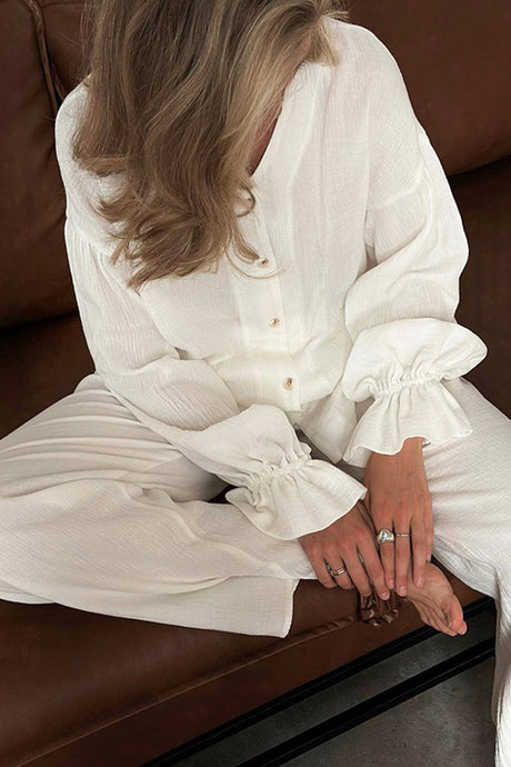 Arolora Cotton Flare Sleeve Cardigan Long Pants Set