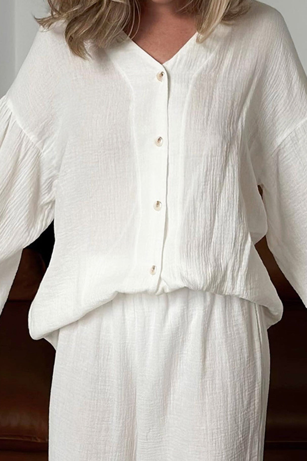 Arolora Cotton Flare Sleeve Cardigan Long Pants Set