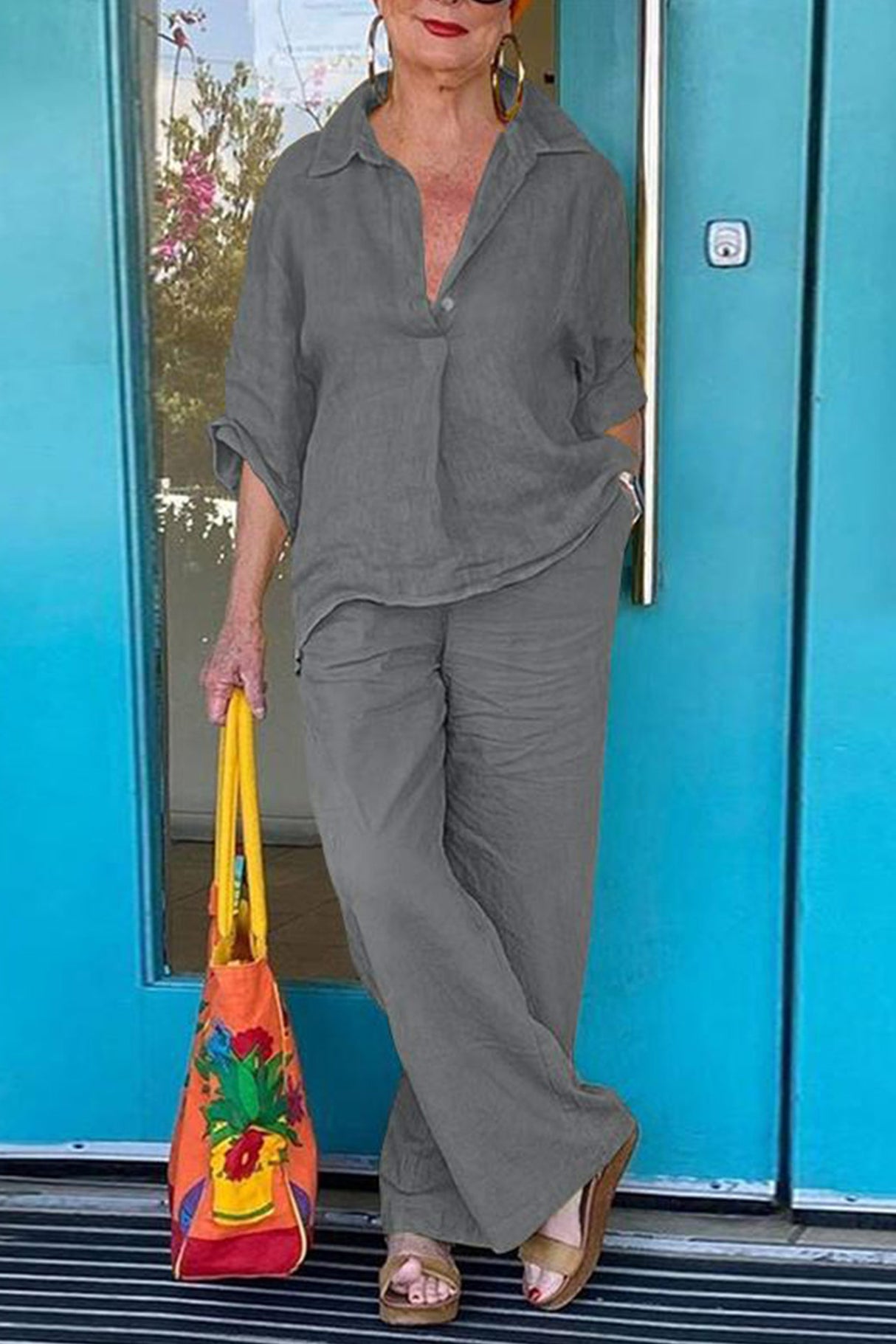 Cotton Linen Blouse Long Pants Set