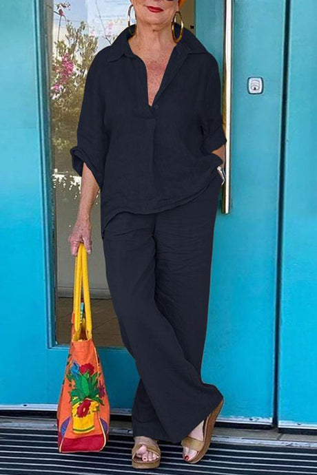 Cotton Linen Blouse Long Pants Set