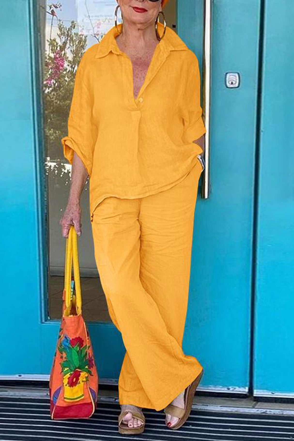 Cotton Linen Blouse Long Pants Set