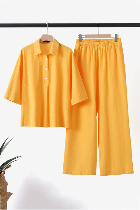 Cotton Linen Blouse Long Pants Set