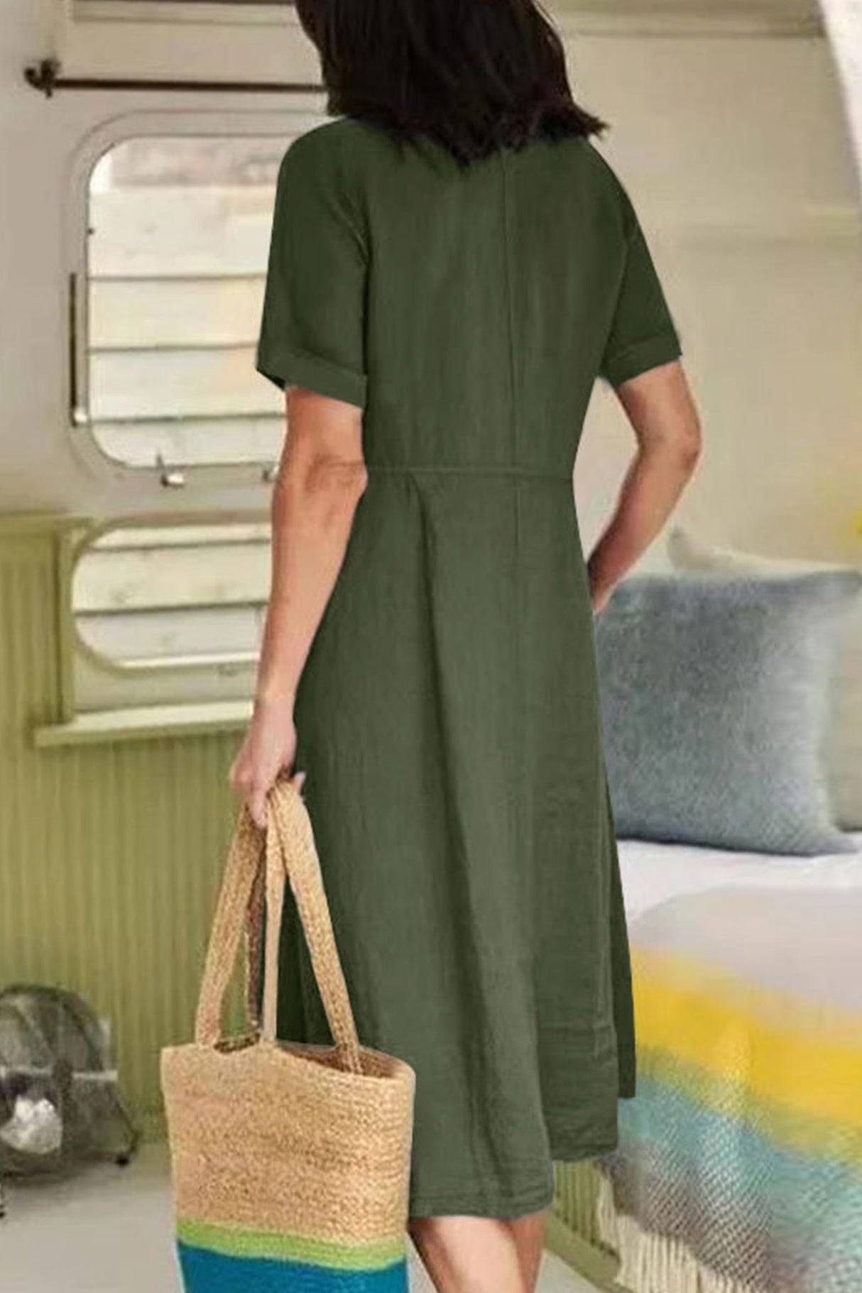 Cotton Linen Button-down Midi Dress