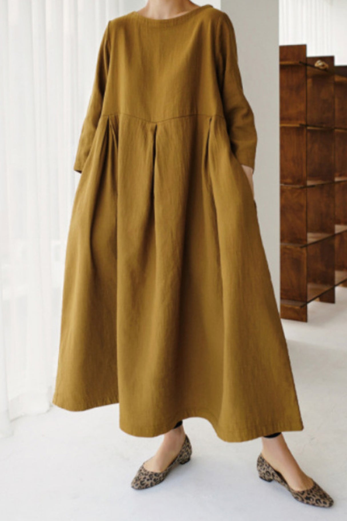 Cotton Linen Long Sleeve Loose Midi Dress