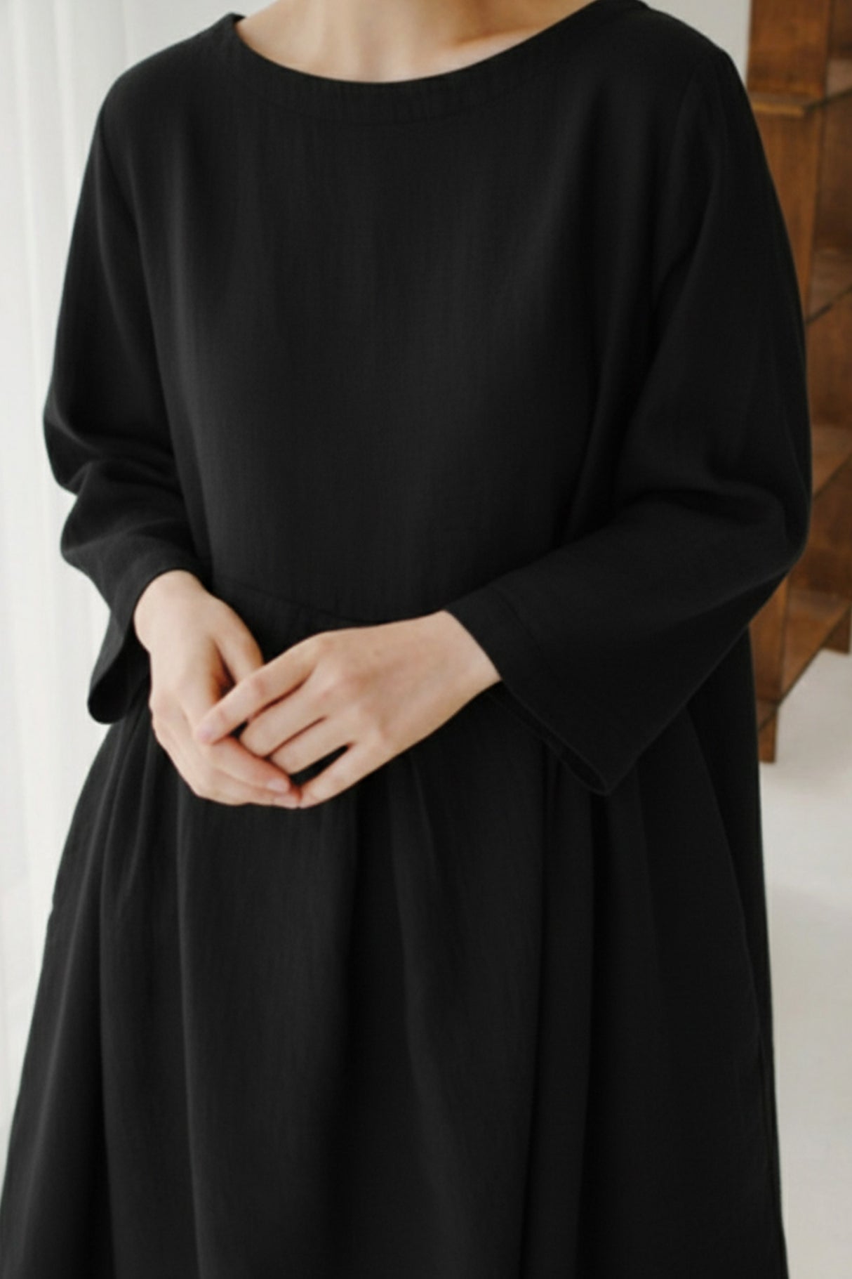 Cotton Linen Long Sleeve Loose Midi Dress