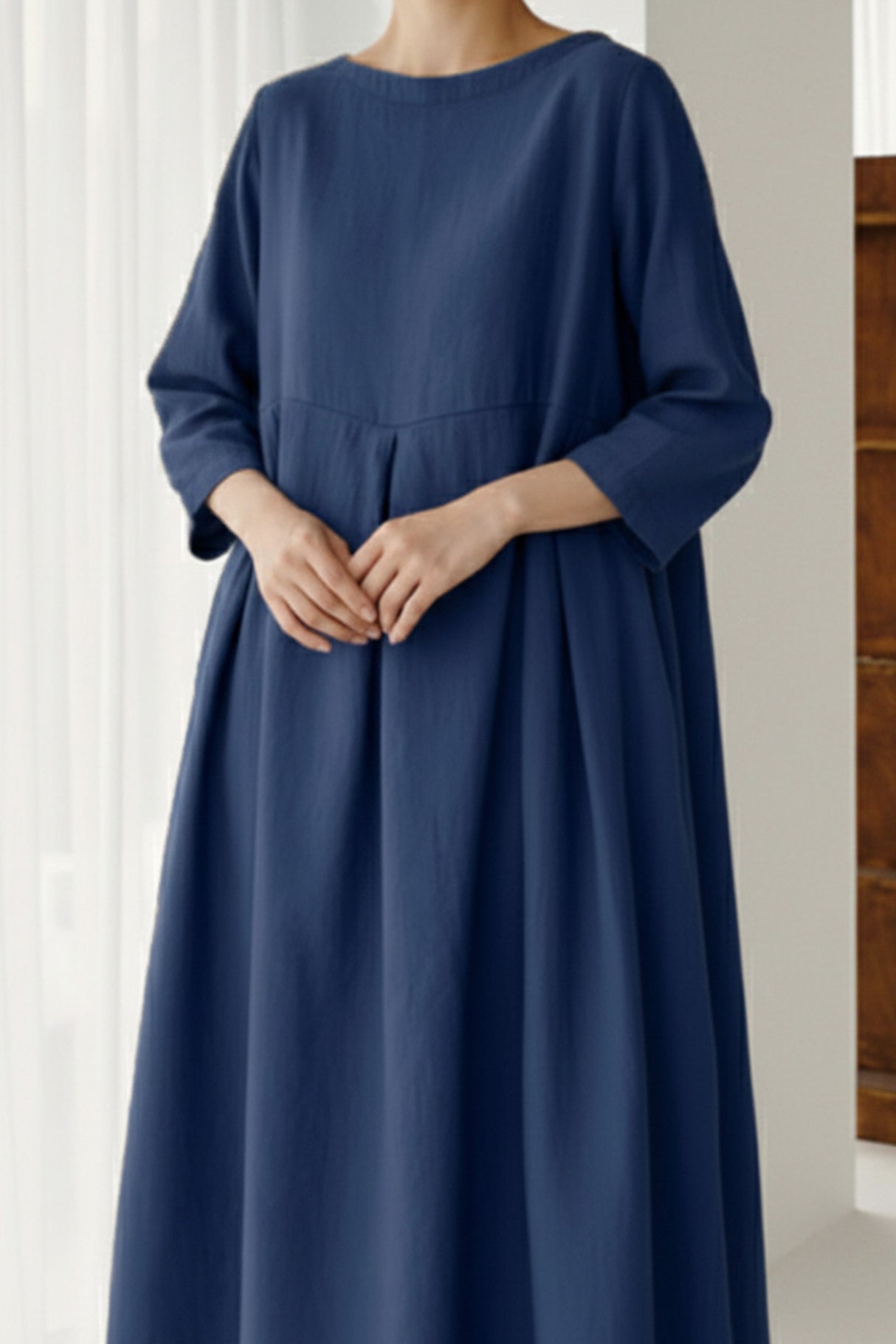 Cotton Linen Long Sleeve Loose Midi Dress